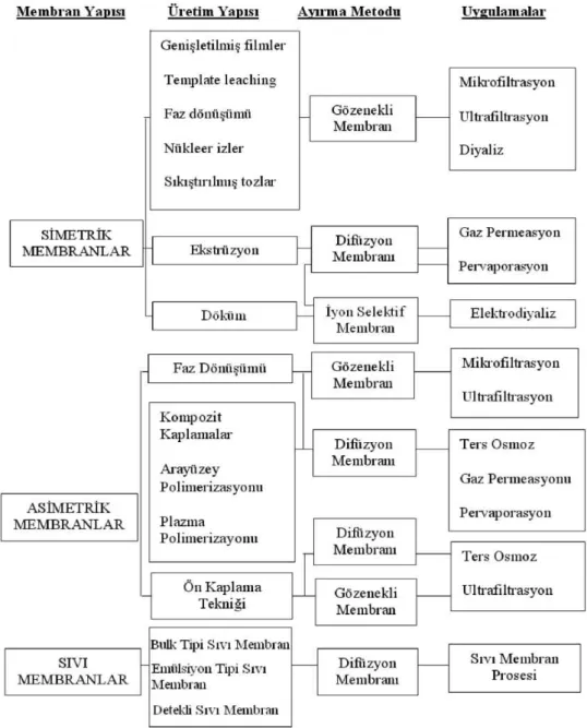 Şekil 1.3. Membran çeşitleri ve ayrıma yöntemleri (Sürücü, 2008)