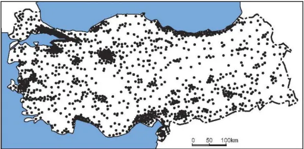 Şekil 2.4, Türkiye’de nüfusun dağılışı, her nokta 50000 kişidir (Web iletisi 6) 