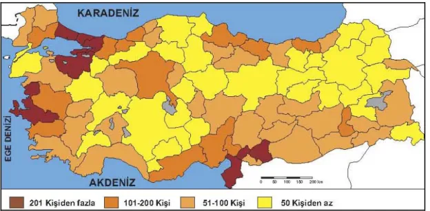 Şekil 2.5, Türkiye aritmetik nüfus yoğunluğu (Web iletisi 6) 