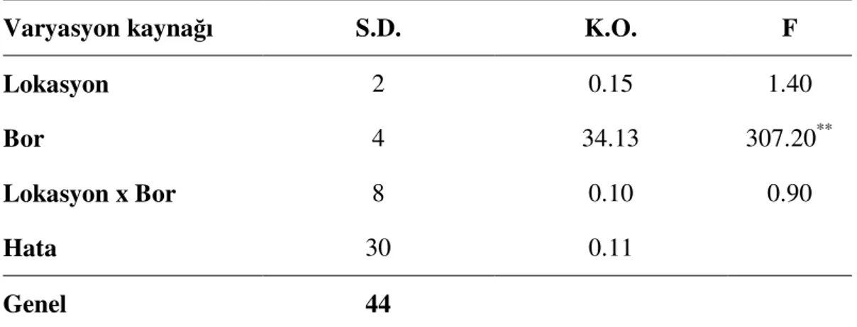 Çizelge  4.2.  Farklı  bor  dozları  içeren  MS  ortamında  yetişen  Puccinellia  distans  (Jacq.) Parl’ın çimlenme yüzdelerine ait varyans analizi 