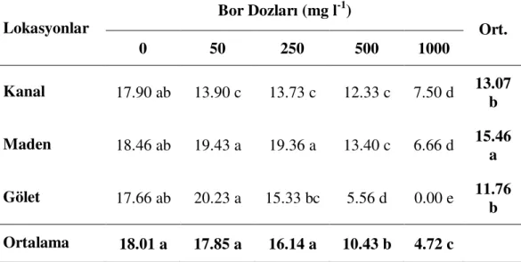 Çizelge  4.3.  Farklı  bor  dozları  içeren  MS  ortamında  yetişen  Puccinellia  distans  (Jacq.) Parl’ın 120 günlük fidelerinin ortalama gövde boyları (cm)  