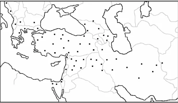 Şekil 2.1. Fibigia cinsi taksonlarının dünya üzerindeki yayılışı 