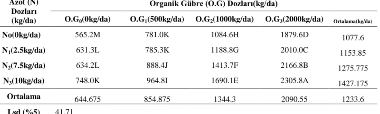 Çizelge 4.6. Kekik de Farklı Azot ve Organik Gübre Dozlarında Tespit Edilen Yaş  Herba Verimlerine Ait Ortalama Değerler(kg/da) 