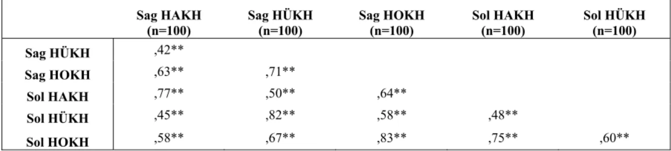 Çizelge 3.3.1. Tüm Yaş Aralığında (15-70 yaş) Transvers Düzlemde Sağ ve Sol Hemisferlerin  Kesit Hacimlerinin Birbirleri ile İlişkileri (n= vaka sayısı, korelasyon katsayıları) 