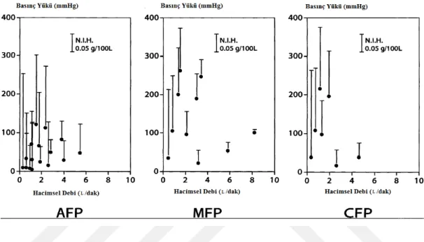 Şekil 2.8. Araki ve arkadaşlarının tasarlamış olduğu pompa modelleri için Hemolizin minimum  standartlaştırılmış indeksinin pompa performans eğrisi üzerinde gösterimi (Araki ve ark., 1998) 