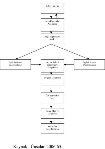 Şekil 2: İnsan Kaynakları Planlaması İşlev Süreci     Kaynak : Ünsalan,2006;65. Şirket stratejisi İnsan Kaynakları Planlaması Bilgi Toplama ve Analiz İşgücü talebini 