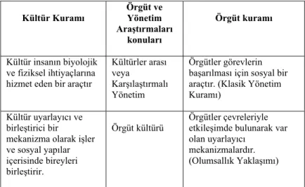 Tablo 1. Kültür ve Örgüt Teorilerinin Kesişme Noktaları 