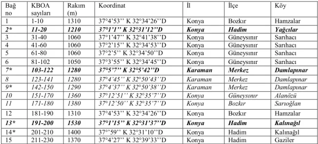 Çizelge 3.1. Bağ parsellerinin konumu  Bağ  no  KBOA  sayıları  Rakım (m) 