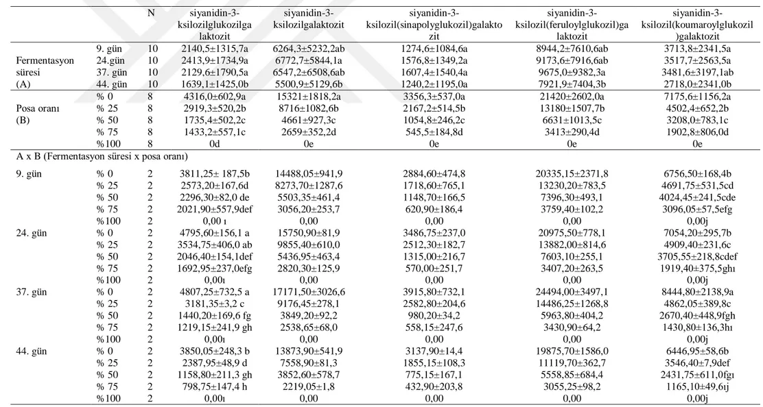 Çizelge 4.5. Farklı oranlarda üzüm posası içeren şalgam sularının farklı fermetasyon periyotlarındaki antosiyanin profili  N   siyanidin-3-ksilozilglukozilga laktozit   siyanidin-3-ksilozilgalaktozit   siyanidin-3-ksilozil(sinapolyglukozil)galaktozit   siy