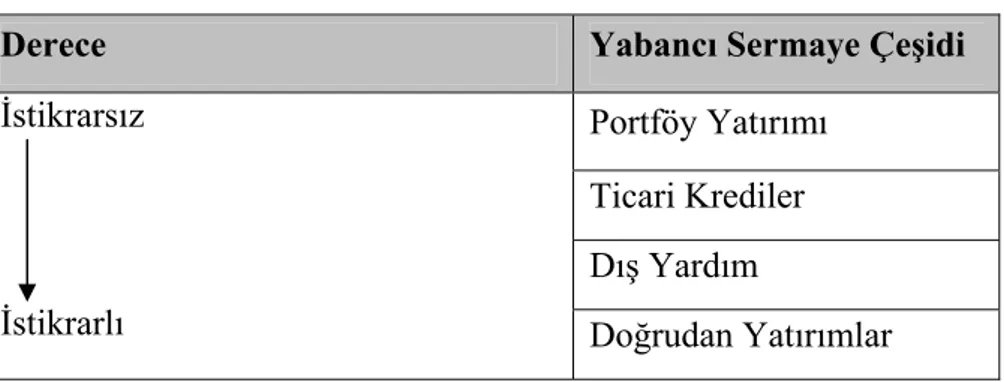 Tablo 7. Yabancı Sermaye Çeşitlerinde Risk Derecesi 