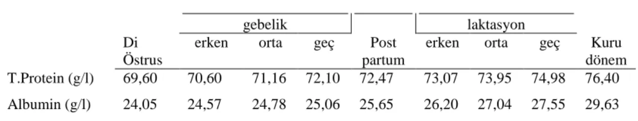 Çizelge 1.8. T.protein ve albüminin farklı fizyolojik dönemlerdeki serum konsantrasyonları(Piccione  ve ark 2009) 