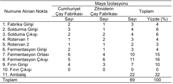 Tablo 1. Çay numuneler n n alındığı noktalar ve maya  zolasyon sayısı