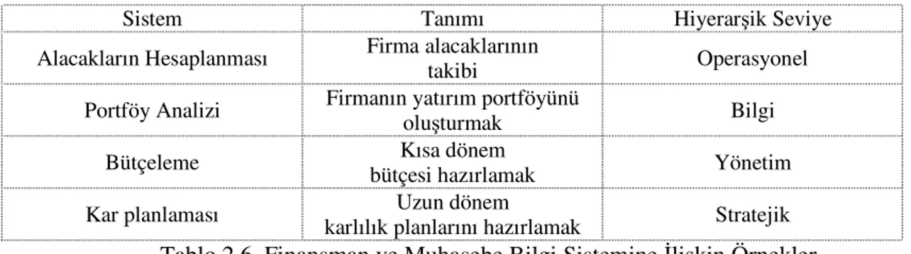 Tablo  2.6  ise  büyük  bir  işletmede bulunan  tipik bir  finansman  ve  muhasebe  bilgi  sistemini  göstermektedir