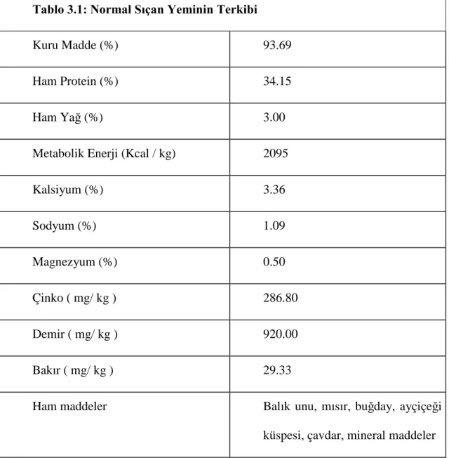 Tablo 3.1: Normal Sıçan Yeminin Terkibi