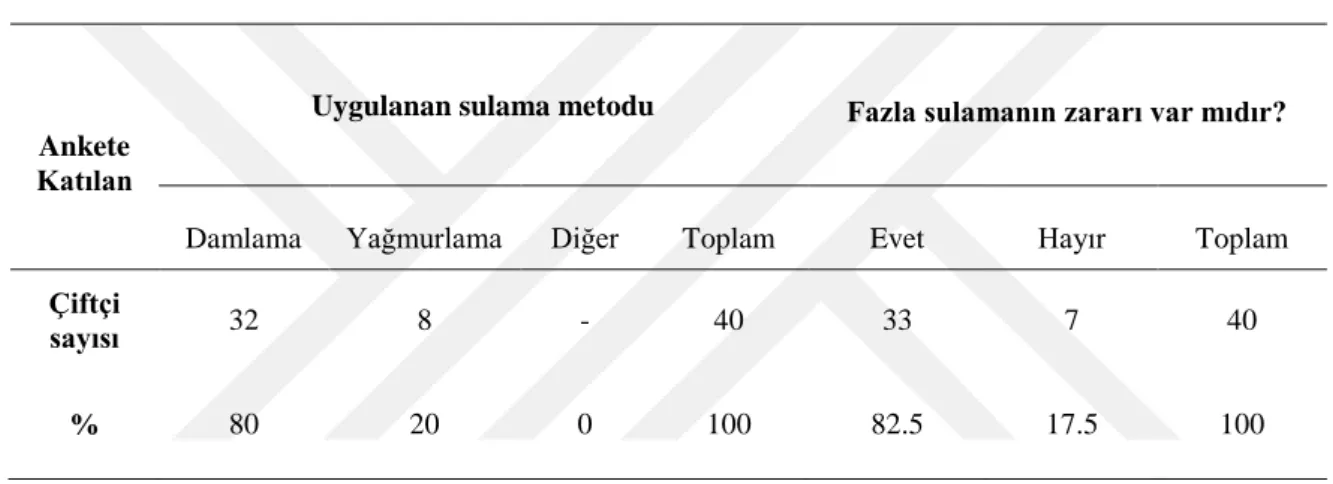 Çizelge 4.3. Çiftçilerin sulamada kullandıkları sulama metodu ve fazla sulamayı algılama düzeyleri 