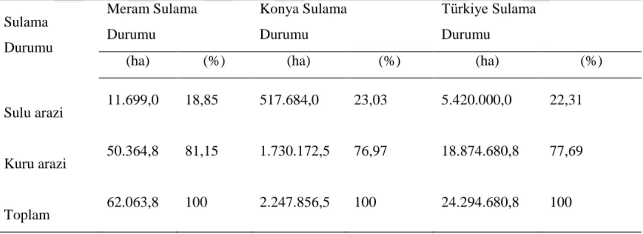 Çizelge 3.6. Meram arazi sulama durum tablosu   (Konya Tarım il Müdürlüğü (2010), DSİ, TÜİK (2009) 