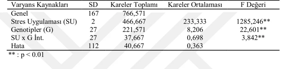 Çizelge 4.1. Soğuk streslerinde genotiplerin soğuk zararının skala değerlerine ait varyans analizleri 