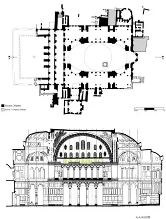 Figure  12.  Hagia  Sophia  Church  plan  and  section  in  1453  (Nur,  2016) 