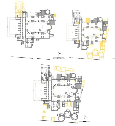 Figure  13.  Hagia  Sophia  Mosque  1453-1481,  1481-1640,  1640-1861  plans (Nur, 2017) 