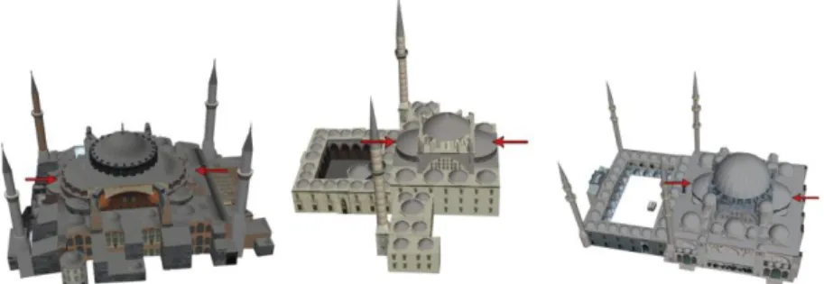 Figure 3. Hagia Sophia, Beyazid  and Suleymaniye Mosque models 