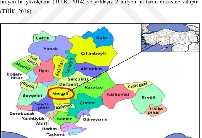 Şekil 3.1. Deneme alanının Türkiye ve Konya’daki yeri 