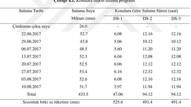 Çizelge 4.1. Konulara ilişkin sulama programı 