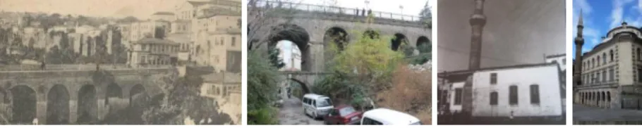 Figure 2. The old and recent photos  of  the  Tabakhane  Bridge  and  Mosque (URL-2; Neva Gerçek Atalay  Archive  2013;  Özen  et  al