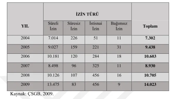 Tablo 5:Türkiye’de 2004-2009 Yılları Arasında İzin Türü Bazında Yabancılara Verilen  Çalışma İzin Sayısı 