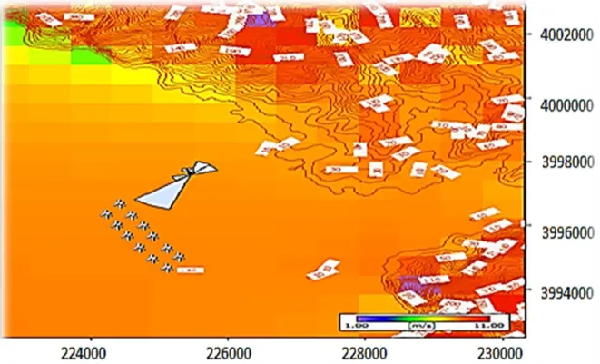 Şekil 5. Antakya körfezine ait rüzgâr hızları haritası ve eş yükselti eğrileri  (Wind speed and contour map for  Antakya bay)