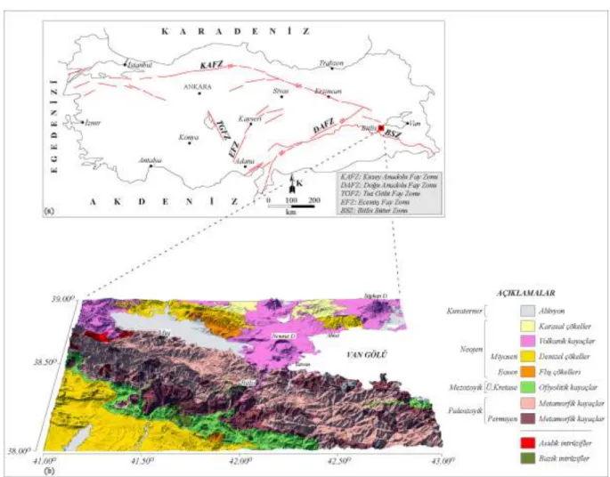 Şekil 1. a) İnceleme alanı yerbulduru haritası ve Türkiyenin tektonik yapıları b) İnceleme alanı  ve  çevresinin  jeoloji  haritası  ve  sayısal  yükseklik  modeli  (Location  map  of  the  study  area  and  geological and digital elevation model of surrou