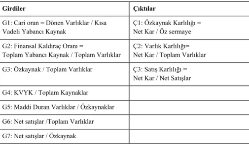 Tablo 1. Çalışmada Kullanılan Girdi ve Çıktı Değişkenleri 