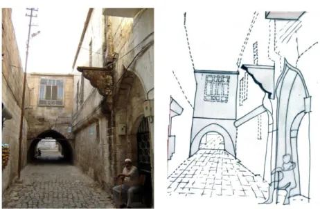 Figure 3.Left: Photograph of street  with a “fina.” Right: Sketch of street  with  dark  areas  and  solid  lines  indicating  elements  allowed  within  the “fina”  (Bala,2010).
