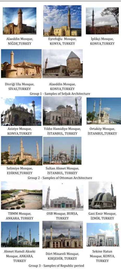 Figure  1.  The  digital  photographs  classified according to the periods of the  mosques (Arslan and Yıldırım, 2017) 