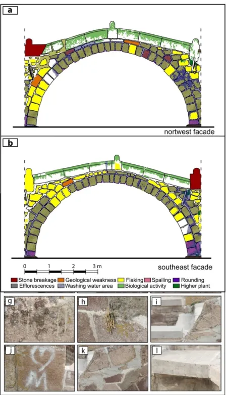 Figure 8. Deterioration views in the  Mısırlıoğlu  Bridge;  a)  spalling,  b)  rounding,  c)  flaking,  d)  geological  weakness  and  rounding,  e)  efflorescence, f) fissure, g) biological  activity,  h)  higher  plant,  i)  stone  breakage, j) graffiti,