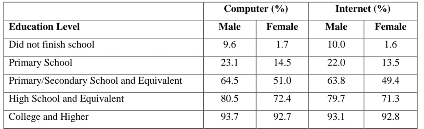 Table 9: Distribution of Computer and Internet Usage in 2012 by Education in Turkey  Computer (%)  Internet (%) 