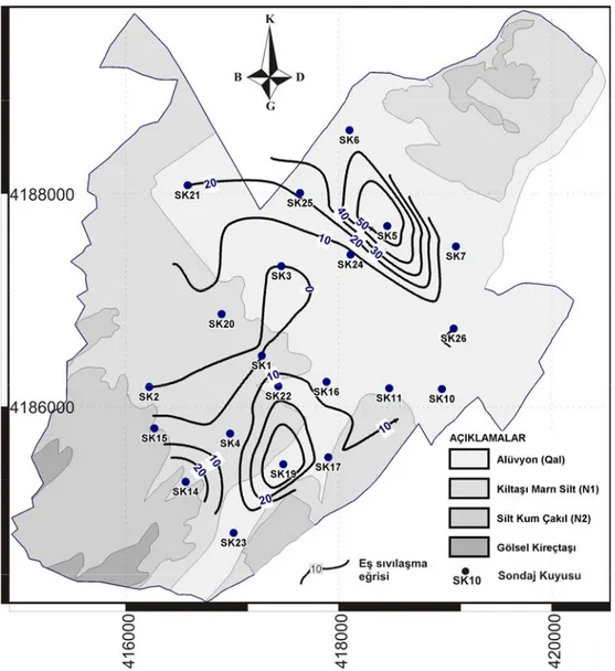 Şekil 5. İnceleme alanının jeoloji ve eş sıvılaşma eğrilerini gösterir harita. 
