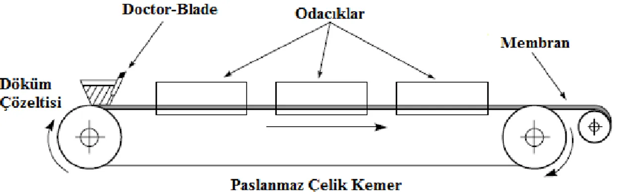 Şekil  1.16. Su  buharı  adsorpsiyonu  ile  polimer  çökelmesi  için  kullanılan  döküm  makinesinin  şematik  gösterimi 