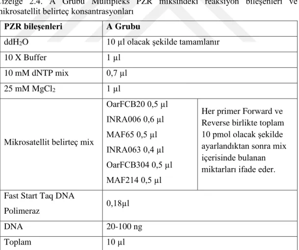 Çizelge  2.4.  A  Grubu  Multipleks  PZR  miksindeki  reaksiyon  bileşenleri  ve  mikrosatellit belirteç konsantrasyonları 