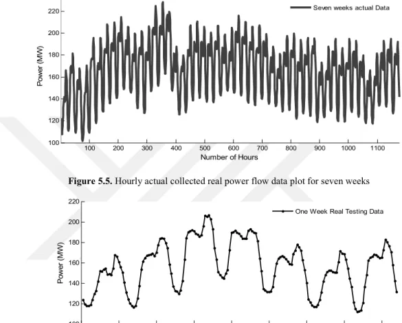 Figure 5.5. Hourly actual collected real power flow data plot for seven weeks 