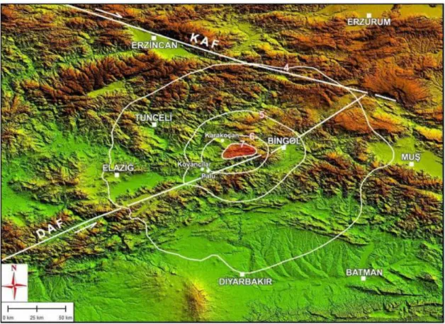 Şekil 5.2. Karakoçan – Kovancılar Depreminin Şiddet Haritası (Kalafat ve ark., 2010; Sunkar, 2011) 
