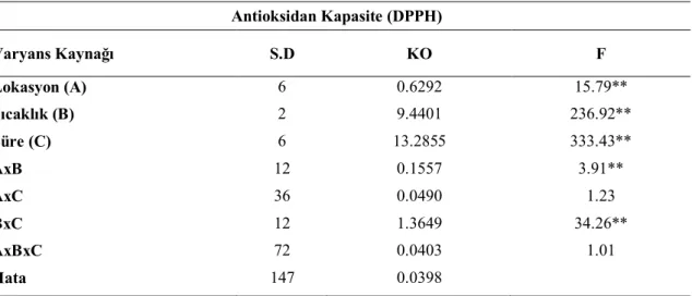 Çizelge  4.4.  Farklı  sıcaklıklarda  depolanan  çam  ballarının  Antioksidan  kapasitesi  üzerine  depolama  süresi ve sıcaklığının etkisine ait varyans analizi sonuçları 