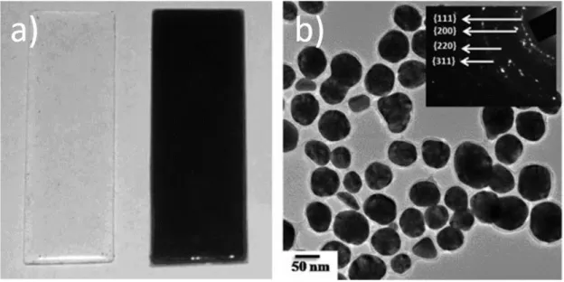 Şekil 2.10. a)Au nanoparçacığı gömülü polidiklorometilsiloksan (PDMS) kompozit filmleri b) TEM  görüntüsü (Goyal ve ark., 2009) 