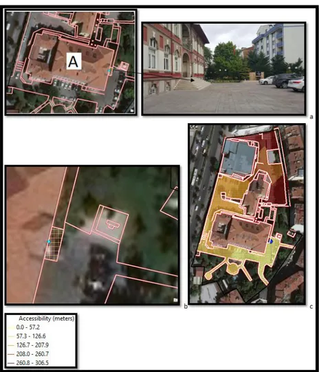 Figure  13. Scenario  1    The  accessibility  /  circulation  starting  from  the  “building  A”  exit;  a)  the  obstacle  (stairs)  b)  accessibility  /  circulation  before  eliminating  the  stairs  obstacle  c)  accessibility  /  circulation  after 