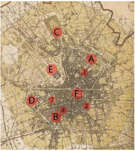 Figure  6.  Beruto  Masterplan  1884-1889.  We  can  see  the  body  of  the  existing  city  (darker  within  the  Spanish  walls), and  the  ring  of  the  zone  of  extension  (the  circle  clearer outside the walls, with  the  new  roads  (prepared by 