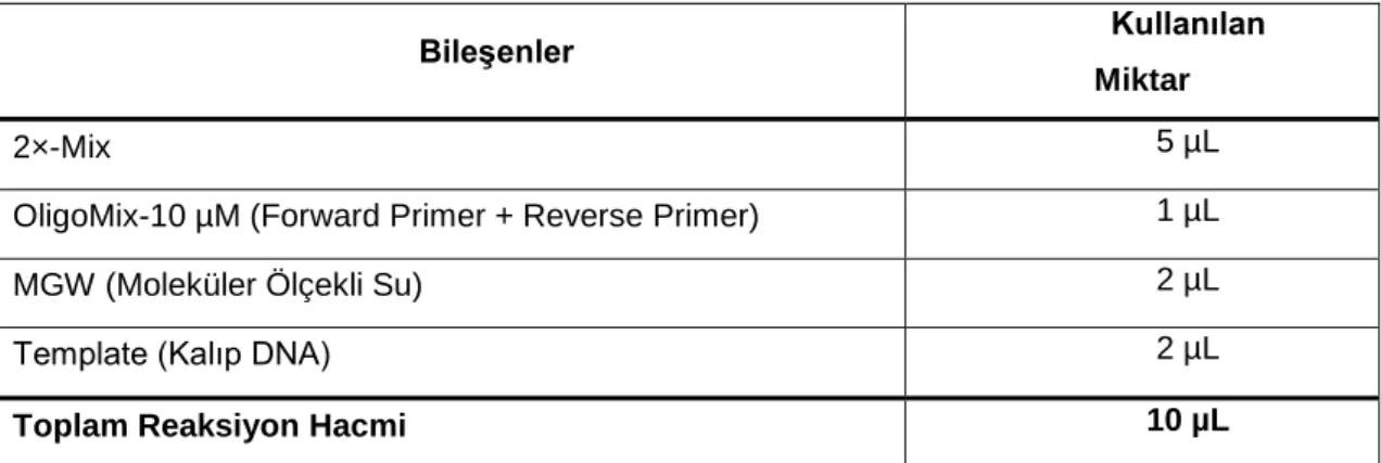 Tablo 1. PCR kurulumu için gerekli olan bileşenler ve miktarları 
