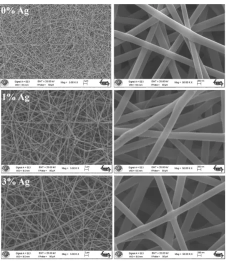Figure 2 shows low and high magnification SEM micrographs of as-prepared ZnO and 1 at.% and 3  at.%  Ag  doped  ZnO  fibers.As  can  be  seen  from  the  images,  fibers  with  a  smooth  surface  are  approximately 40 μm  in length and 400 nm in diameter