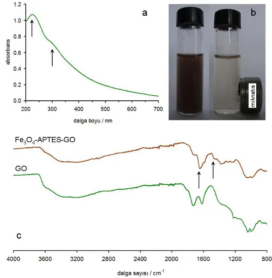 Şekil  6.1.  a)  UV-vis  spektroskopisi  ile  GO  absorpsiyon  spektrumu  b)  Fe 3 O 4 -APTES-GO  davranışının  manyetik alandaki fotoğrafik görüntüsü c) GO ve Fe 3 O 4 -APTES-GO için FTIR-ATR spektrumu