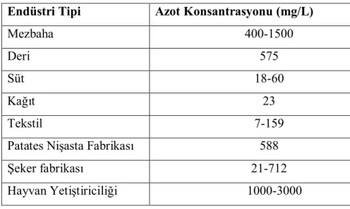 Çizelge 1.1. Bazı endüstrilerin azot yükleri (Temel, 2007) 