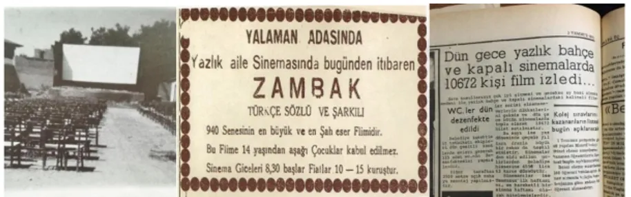 Figure 3. Renk Bahçe Movie Theater  (Atuk’s  archive),  Eskisehir  Yeni  Newspaper,  1940,  July  3 rd ,  1971,  Sakarya  Newspaper  (Yastıkçı’s  archive)