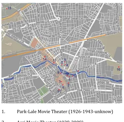 Figure  4.  Number  and  locations  movie  theaters  in  Eskisehir  from  1925  to  2008  (Reinterpreted  on  Google Earth by Üstün, B., 2018) 